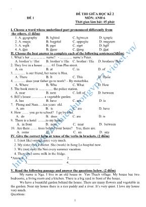 16 Đề thi giữa học kì 2 môn Tiếng Anh Lớp 6